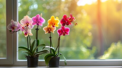 Beautiful colorful orchid flower in pots on windowsill