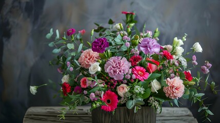 Fototapeta na wymiar Beautiful flowers arrangement with carnation, eustoma and gerbera
