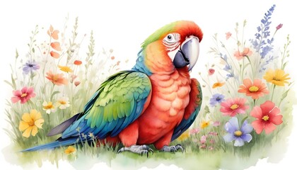 A Curled up Parrot in a floral meadow water color drawing vibrant colors on isolated white background