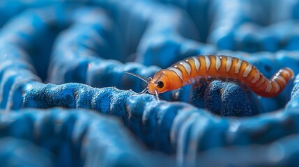 A close-up where superworms navigate mazes of blue polypropylene, mirroring life's challenges and triumphs