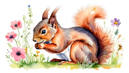 A Curled up Squirrel in a floral meadow water color drawing vibrant colors on isolated white background