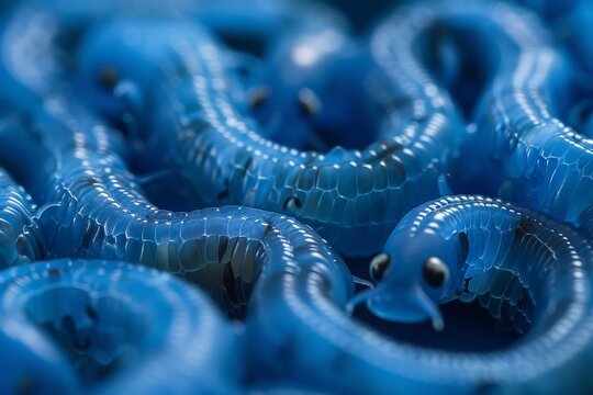 A close-up where superworms navigate mazes of blue polypropylene