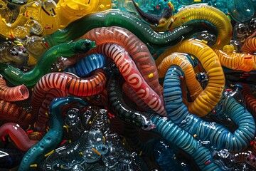 Obraz premium In a moment of simplicity, superworms feast on polyethylene foam, amidst polypropylene and bottles, embodying renewal, gracioso bonito, high resolution, dynamic viewing angle, Dynamic Stance