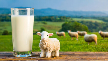 Glass of Milk on Meadow with Sheeps in Background. Rural Pastoral Scene. Sheep milk and farming concept - Powered by Adobe