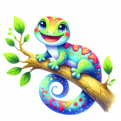 A watercolor illustration of a happy, cute magical gecko, a colorful lizard is sitting on a branch