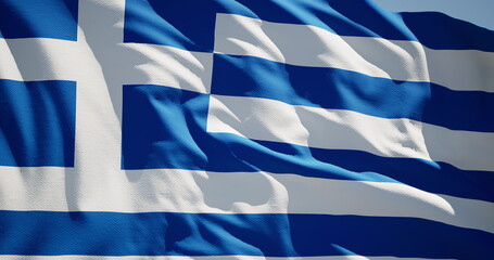 Close-up of the national flag of Greece flutters in the wind on a sunny day