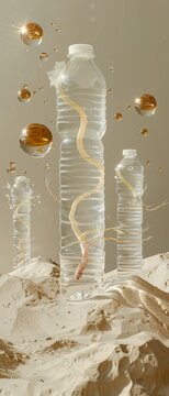 A minimalistic view of superworms transforming plastics into new beginnings, surrounded by the simplicity of polypropylene and bottles, Surealistic, fantasy