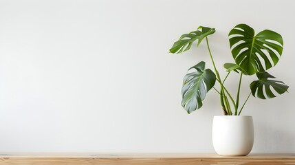 Beautiful monstera flower in a white pot stands on a wooden table on a white background. The concept of minimalism. Hipster scandinavian style room interior. Empty white wall and copy space
