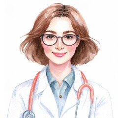 Fototapeta premium Watercolor Illustration of Female Doctor with Stethoscope