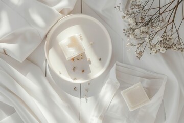 Clothes washing with natural soaps on plate and white shirt on white table. Top view. Horizontal composition.