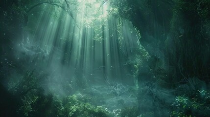 "Mystical green forest with sun rays and fog. Fantasy woodland background for storytelling and environmental concept. Design for book cover, wallpaper."