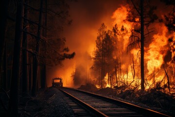 Naklejka premium Devastating Railway fire forest natural. Scenic death. Generate Ai