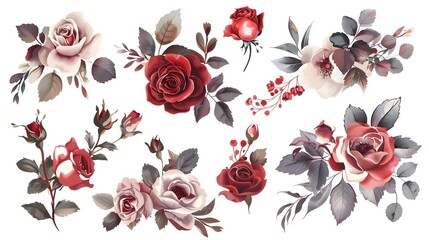 Beautiful romantic flower collection with roses, leaves, floral bouquets, flower compositions - obrazy, fototapety, plakaty