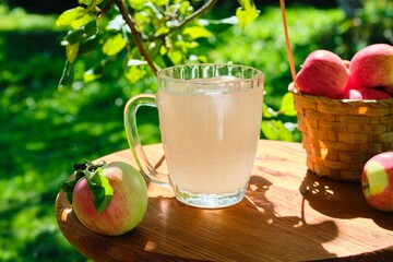 Fermented soft drink, white apple kvass in a large transparent mug on a wooden table under fruit trees in the garden. Fermented foods. - obrazy, fototapety, plakaty