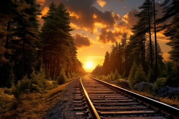Fototapeta premium Verdant Railroad forest train sunlight. Industry travel. Generate Ai