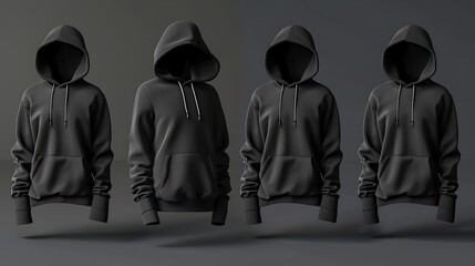 Design a series of black hoodie mockups featuring different neckline styles, such as crew neck, V-neck, and hooded cowl neck, to cater to diverse fashion preferences  attractive look
