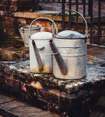 Pair of old watering cans in a garden