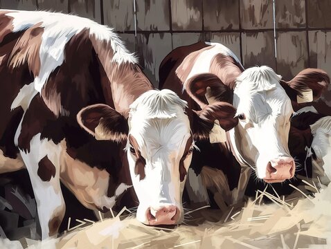 Two cows with brown and white patches are depicted grazing hay in a sunlit barn.