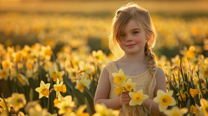 Young adorable girl standing in a daffodil field wearing a pretty spring dress picking yellow flowers.