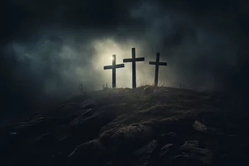 Foto op Plexiglas three cross on the hill in dark cloudy with light from above. can be use for Easter or Christian background, copy space - generative ai © Nia™