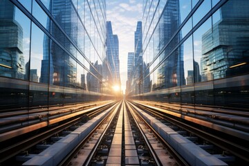 Fototapeta na wymiar Modern Railway glass skyscrapers. Rail wagon. Generate Ai