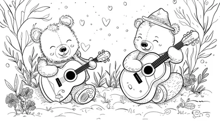 Fotobehang Black and white page for kids coloring book. Drawing of two cute bears playing music on guitars. Printable worksheet for children and adults. Sheet for drawing and meditation. © Pascal