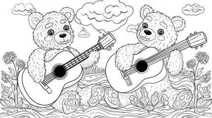 Foto op Canvas Black and white page for kids coloring book. Drawing of two cute bears playing music on guitars. Printable worksheet for children and adults. Sheet for drawing and meditation. © Pascal