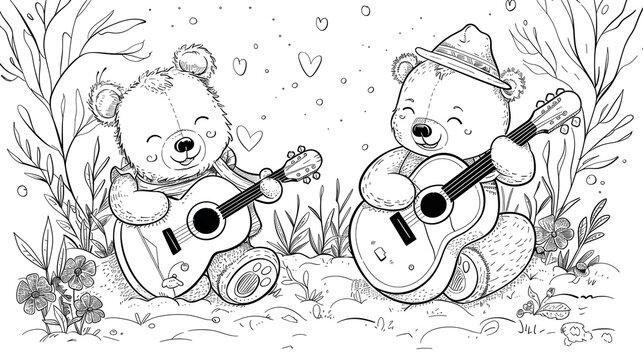 Black and white page for kids coloring book. Drawing of two cute bears playing music on guitars. Printable worksheet for children and adults. Sheet for drawing and meditation.