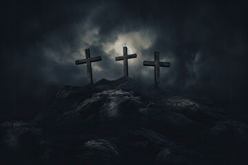 three cross on the hill in dark cloudy with light from above. can be use for Easter or Christian background, copy space - generative ai