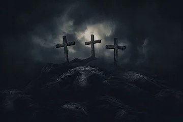 Fotobehang three cross on the hill in dark cloudy with light from above. can be use for Easter or Christian background, copy space - generative ai © Nia™