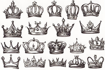 Sketch crown. Simple graffiti crowning elegant queen or king crowns hand drawn. Royal imperial coronation symbols monarch majestic jewel tiara - obrazy, fototapety, plakaty