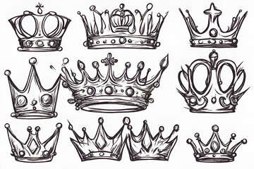 Sketch crown. Simple graffiti crowning elegant queen or king crowns hand drawn. Royal imperial coronation symbols monarch majestic jewel tiara - obrazy, fototapety, plakaty