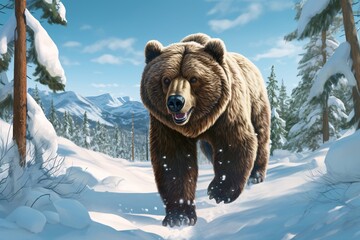 a bear walking in the snow - obrazy, fototapety, plakaty