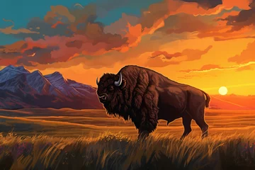 Poster a bison standing in a field with mountains in the background © Georgeta