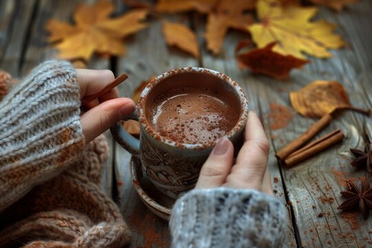 Cold hands with wool sweater stirring hot chocolate in a mug on wooden table with chocolate and wooden spoon with cinnamon and scarf and dry leaves with autumn landscape background. Front view