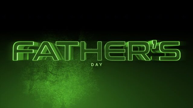 A vibrant neon green Fathers Day text in a futuristic font, adorned with lightning bolt accents, stands out against a black background with a glowing green border