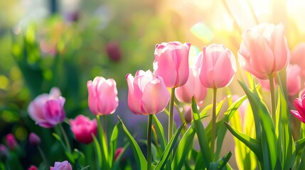 Fototapeta premium Blooming pink tulips flowerbed on background. Spring holidays concept