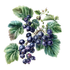 Fototapeta premium cluster of ripe blueberries, deep blue with a silvery sheen, hanging from the branch amidst lush green leaves isolated on transparent background