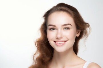 Portrait of a happy woman who has undergone blepharoplasty isolated on white background
