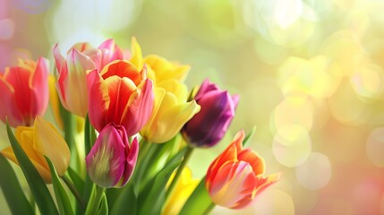 Bouquet of multicolored tulips on a beautiful blurred background, copy space.