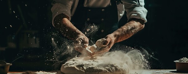 Chef's hands are making dough with white flour on black background. Concept of chef is preparing...