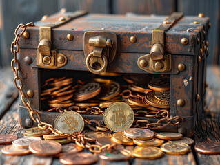 Fototapeta na wymiar A chest full of gold coins and a chain hanging from it