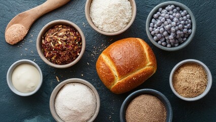 Healthy ingredients for rolls and bread with whole grains