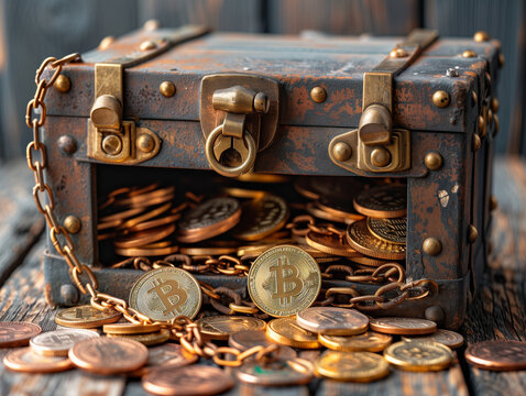 A chest full of gold coins and a chain hanging from it
