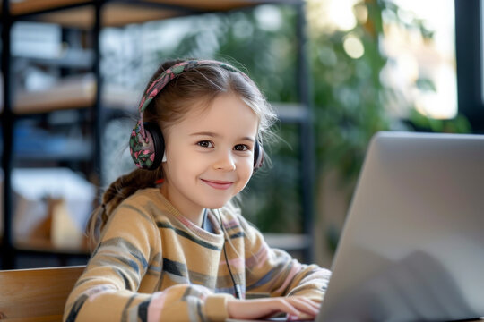 Smiling young girl with headphones using laptop. Online education and leisure concept for kids with copy space