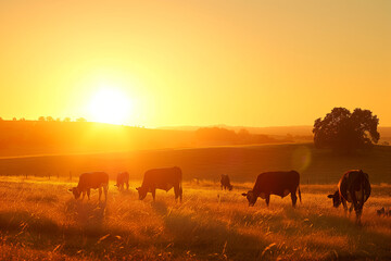 Fototapeta na wymiar The tranquil beauty of cows grazing in a field as the sun sets, casting a golden glow over the peaceful scene.