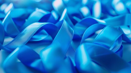 Close-up of numerous blue ribbons intertwined, symbolizing support and solidarity for ALS awareness