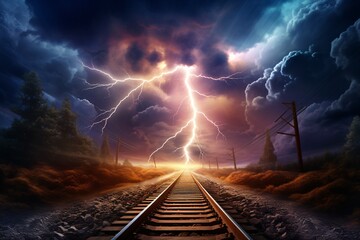 a lightning striking a train track - obrazy, fototapety, plakaty