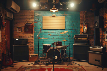 Music rehearsal room with drum kit and musical instruments and equipment