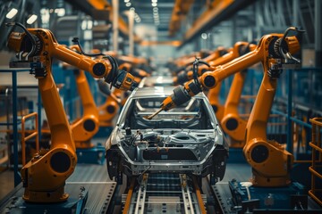 A motor vehicle is being assembled in an industry using machines and robots. The steel casing pipe, metal, and auto parts are put together for mass production - obrazy, fototapety, plakaty